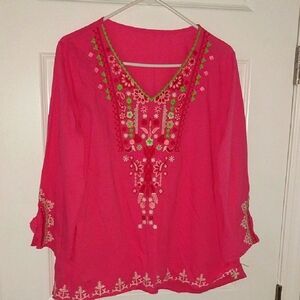 Festive Bright Pink Embroidered Tunic 100% Cotton EUC